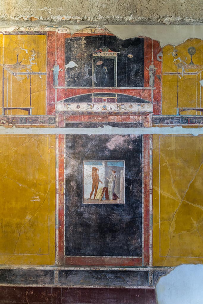 V.4.a Pompeii. January 2023. Room ‘g’, Central Panel On West Wall With ...